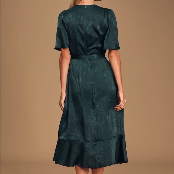 Lulu’s Wrapped Up In Love Dark Green Satin Faux-Wrap Midi Dress NWT - Picture 4 of 13